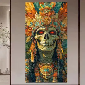 5D Diamond Painting Kit Full Round Drill Indian Warrior, Feather, Skull DIY Mosaic Wall Art, Beginner Craft Set (with tools), Home Wall Decoration Gift, Diamond Art Kit