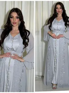 Women's Light Grey Chiffon Abaya Dress - Elegant Beaded & Rhinestone Embellished Kaftan with Flared Sleeves, Belted Waist, Modest Islamic Evening Gown for Ramadan, Weddings, and Special Occasions