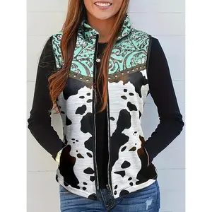 European & American Style Autumn/Winter Abstract Cow Print Zip-Front Casual Versatile Women’s Vest with Pockets