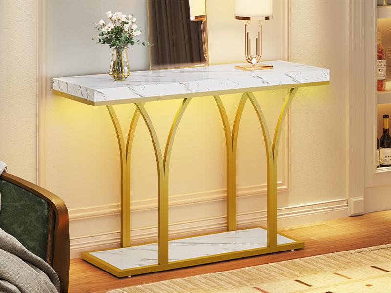 DWVO Gold Console Table with LED Lights, White and Gold Entryway Table, Modern Narrow Sofa Side Foyer Accent Table with Faux Marble Top Luxury for Hallway, Living Room