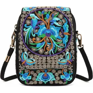 Embroidery  Canvas Crossbody Bag, Women Messenger Bag, Cellphone Pouch Purse