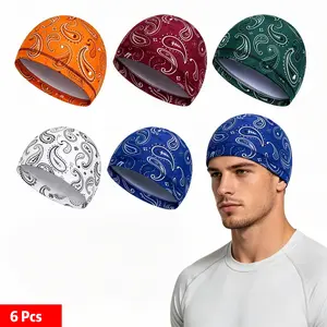 6pcs Paisley Pattern Men's Skull Caps, Sweat-Wicking Breathable Cooling Helmet Liners - One Size Fits Most,  Available For Cycling, Construction, Motorcycling & Outdoor Activities