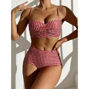Retro High-Waisted Bikini Set – Red & White Gingham Checkered Two-Piece Swimsuit for Summer