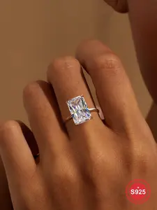 S925 Sterling Silver Luxury Elegant Baguette Solitaire Cubic Zirconia Ring, Fashion Jewelry for Party, Daily Clothing Decor, Trendy All-match & Exquisite Jewelry for Birthday Gift