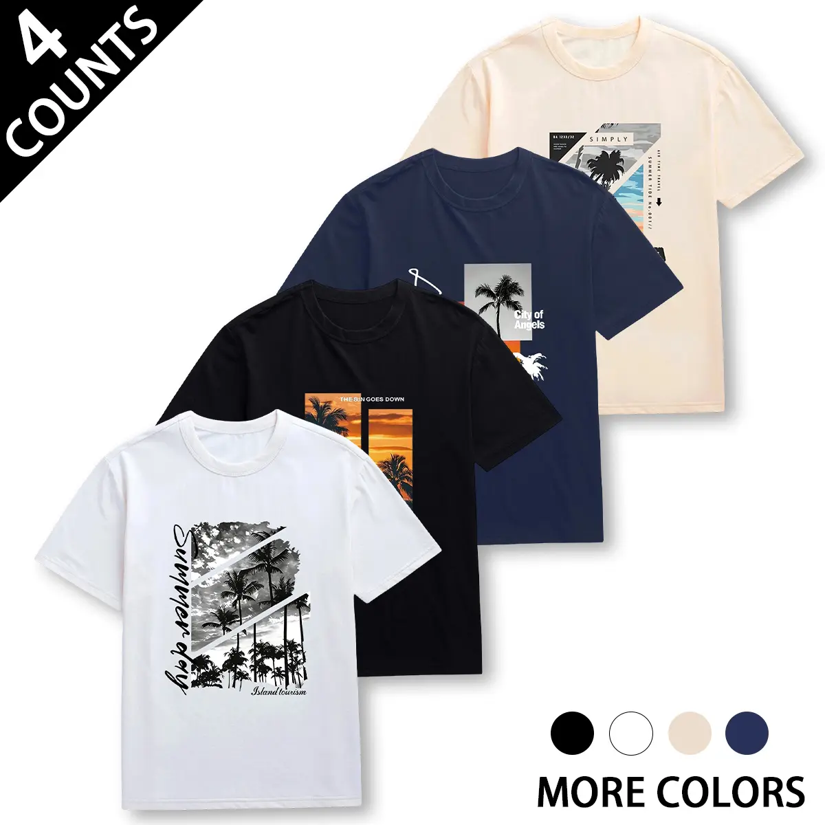 Menswear Top 4-Piece Set, Tropical Print Short-Sleeve Polyester T Shirts with Loose Fit for Beach Streetwear, 4-Piece Set 1, Men's T Shirts, Round Neck, Printed Graphics, Athletic, Basics, T-Shirt, Sports