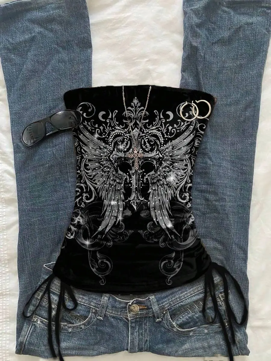 SHANIAH Women Casual Drawstring Grunge Goth Punk Dark Vintage Wing Print Knotted Bandeau Top