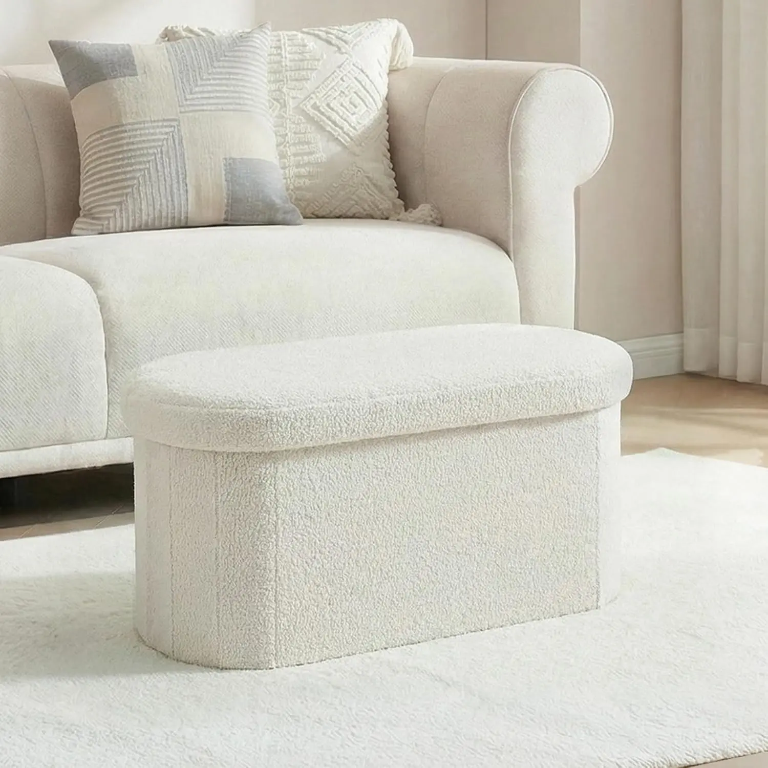 30 Inches Oval Ottoman with Storage, Boucle Sherpa Storage Ottoman Bench, Folding Foot Rest Chest for Bedroom Living Room