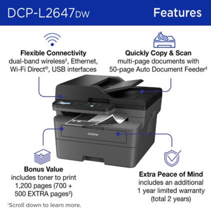 Brother DCP-L2647DW Wireless Compact Monochrome Multi-Function Laser Printer with Print Copy Scan Duplex Mobile Printing 1200 Black Pages Yield