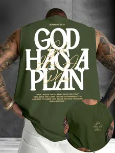 Men's "God Has A Plan" Graphic Print Sleeveless Tank Top, Casual Christian Streetwear Vest, Faith Inspired Tee #GodHasAPlan #ChristianTankTop #FaithBasedStreetwear #ReligiousPrintTank #TikTokMadeMeBuyIt