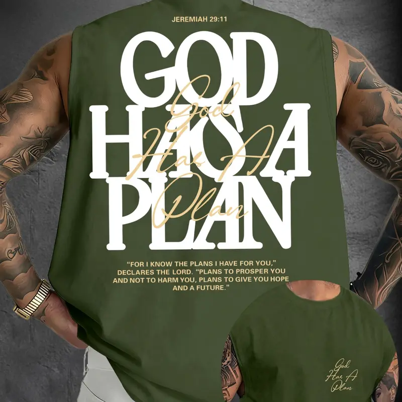 Men's "God Has A Plan" Print Urban Street Tank Top, Casual Sleeveless Clothes, Casual Christian Streetwear Vest, Faith Inspired Tee #GodHasAPlan #ChristianTankTop #FaithBasedStreetwear #ReligiousPrintTank #TikTokMadeMeBuyIt