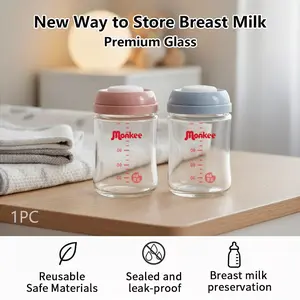 Glass Breast Milk Storage Bottle, Reusable, Wide Mouth, Leak-Proof, BPA-Free, Heat Resistant, Freezer Safe, 5.4oz/160ML, Blue/