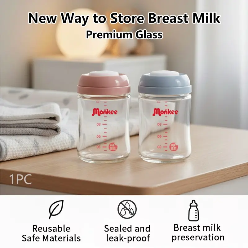 Glass Breast Milk Storage Bottle, Reusable, Wide Mouth, Leak-Proof, BPA-Free, Heat Resistant, Freezer Safe, 5.4oz/160ML, Blue, Milk Storage Containers, Breastmilk Storage Container, Glass Breastmilk Storage Bottles/