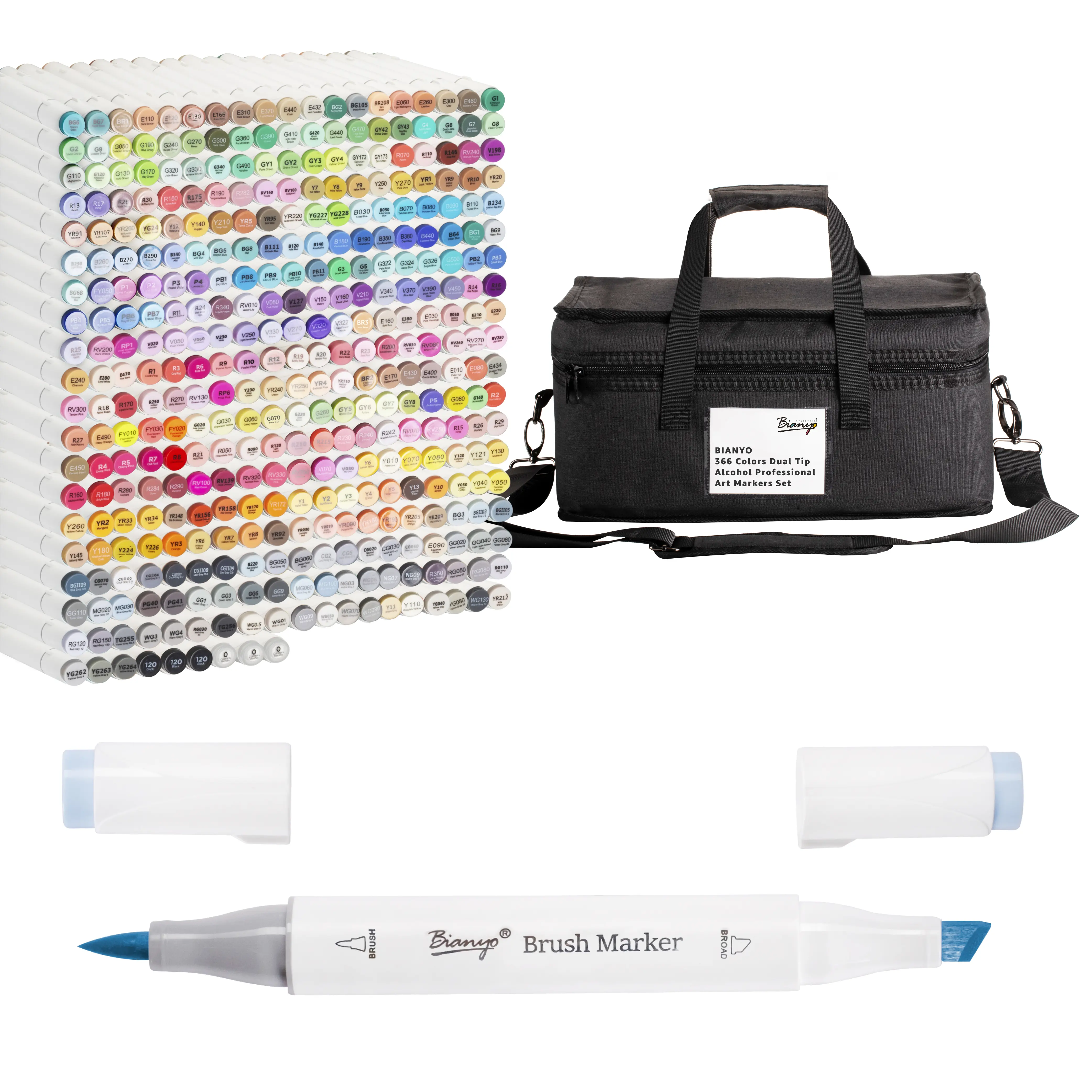 Bianyo 372-Piece Dual Tip Alcohol Art Markers Set - Brush & Chisel Tips, Fluorescents, Natural Skin Tones, Safe for Adults, Resist Smudging, Storage Bag Included - Coloring Supplies for Realistic Portraits, Illustration