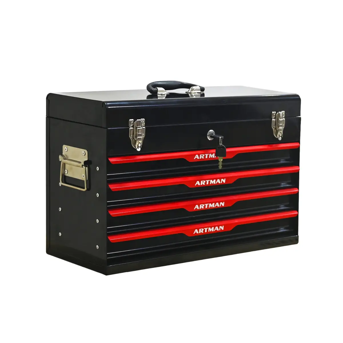 20-inch Steel Portable Tool Box With Drawers - Tool Storage Box Organizer With Metal Lock Closure Device - Powder-coated Tool Storage Cabinet (BLACK)