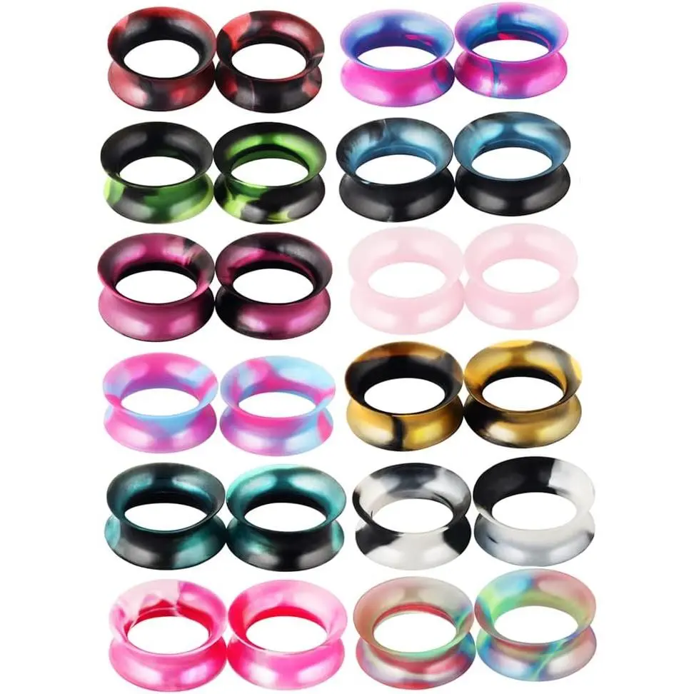 24pcs Multi-Size Colorful Silicone Ear Plugs Set - Double Flared Tunnels, Stretchers, Expanders, Dangle Gauges Jewelry for Adults (10mm=00g, 12mm=1/2in) [Ear Tunnels and Plugs]