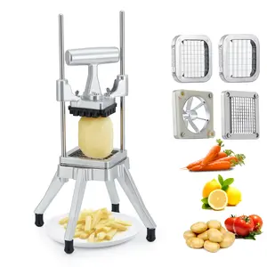 Vegetable and Fruit Chopper - Heavy Duty Stainless Steel Dicer Slicer with 4 Replaceable Blades (1/4", 3/8", 1/2", 6-Inclined-shaped tool) and Bowl - French Fry Cutter for Onions, Cucumbers - Commercial Kitchen Tool