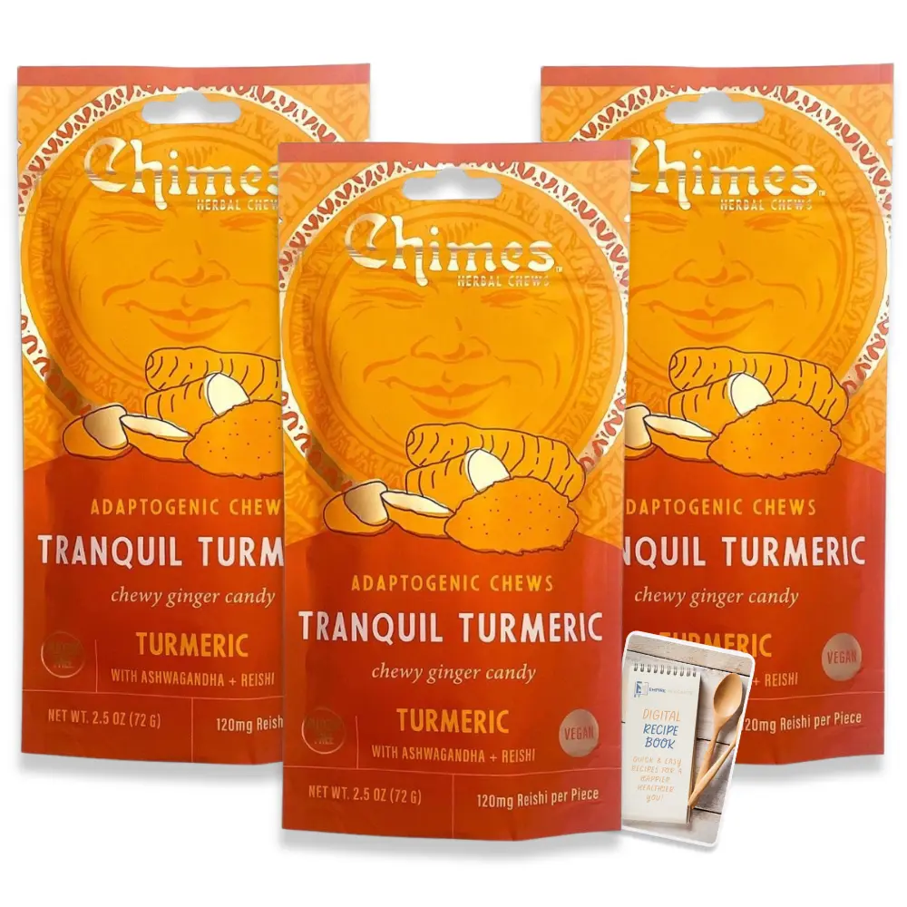 Chimes Tranquil Turmeric Adaptogen Ginger Chews Candy Pack of 3, 7.5 oz total with Ashwagandha, Reishi, Turmeric and Curcumin