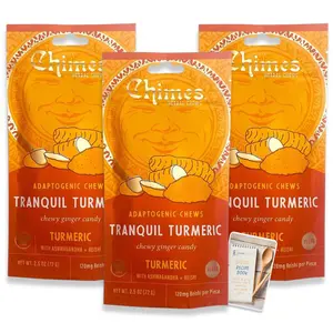Chimes Tranquil Turmeric Adaptogen Ginger Chews Candy Pack of 3, 7.5 oz total with Ashwagandha, Reishi, Turmeric and Curcumin
