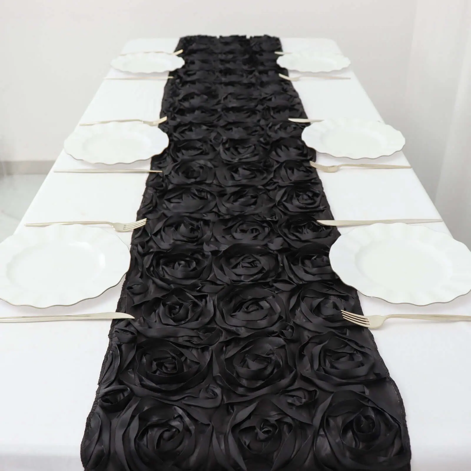 Rosette Satin Table Runner, 14"x108" Black - Elegant Celebration Decor Accessories, Stylish Household Textile Table Decor