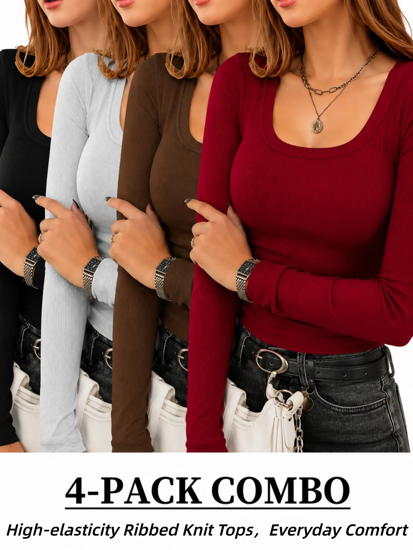 MIJOHO Women’s 4-Piece Slim Fit Full Sleeves Activewear Clothes Set - Crew Neck, Minimal Solid Color, Elastane Blend Casual Athletic Wear Layering Athletic Apparel (Multiple Colors Available)
