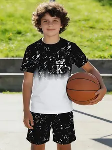 2PCS Kids Trendy Printed Short Sleeve & Shorts 2 Piece Set, Street Style, Summer Clothing For Boys