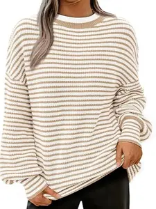 Women's Sweaters 2024 Puffy Long Sleeve Crewneck Soft Loose Pullover Tops Chunky Knitted Striped Sweater