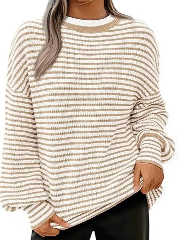 Women's Sweaters 2024 Puffy Long Sleeve Crewneck Soft Loose Pullover Tops Chunky Knitted Striped Sweater