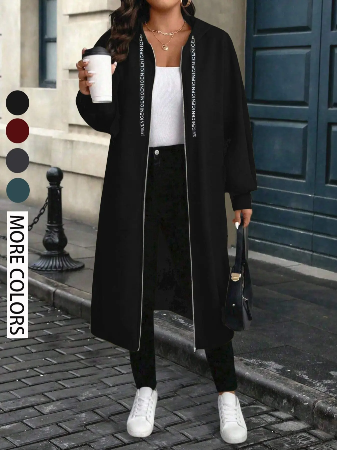 Women's Plus Size Hooded Zipper Loose Fit Jacket, Long Sleeve Winter Coat, Front Zip Closure, Loose Casual Fall & Winter Outerwear, Solid Color Warm Jacket