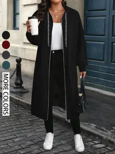 Women's Plus Size Hooded Zipper Jacket, Long Sleeve Winter Coat, Front Zip Closure, Loose Casual Fall & Winter Outerwear, Solid Color Warm Jacket