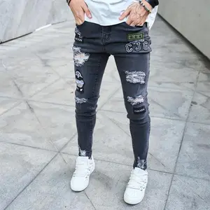 Men's Stylish Holes Embroidery Stretch Skinny Jeans Trousers Ripped Distressed Slim Fit Pencil Denim Pants Casual Streetwear Menswear(Sheet)