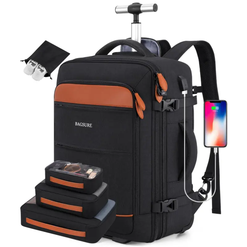 BAGSURE Rolling Backpack with Wheels 17.3 Inch Carry-On Laptop Backpack for  Men Women Large Capacity Durable Travel Backpack with USB Port & Anti-Theft  Features,summerwins - TikTok Shop