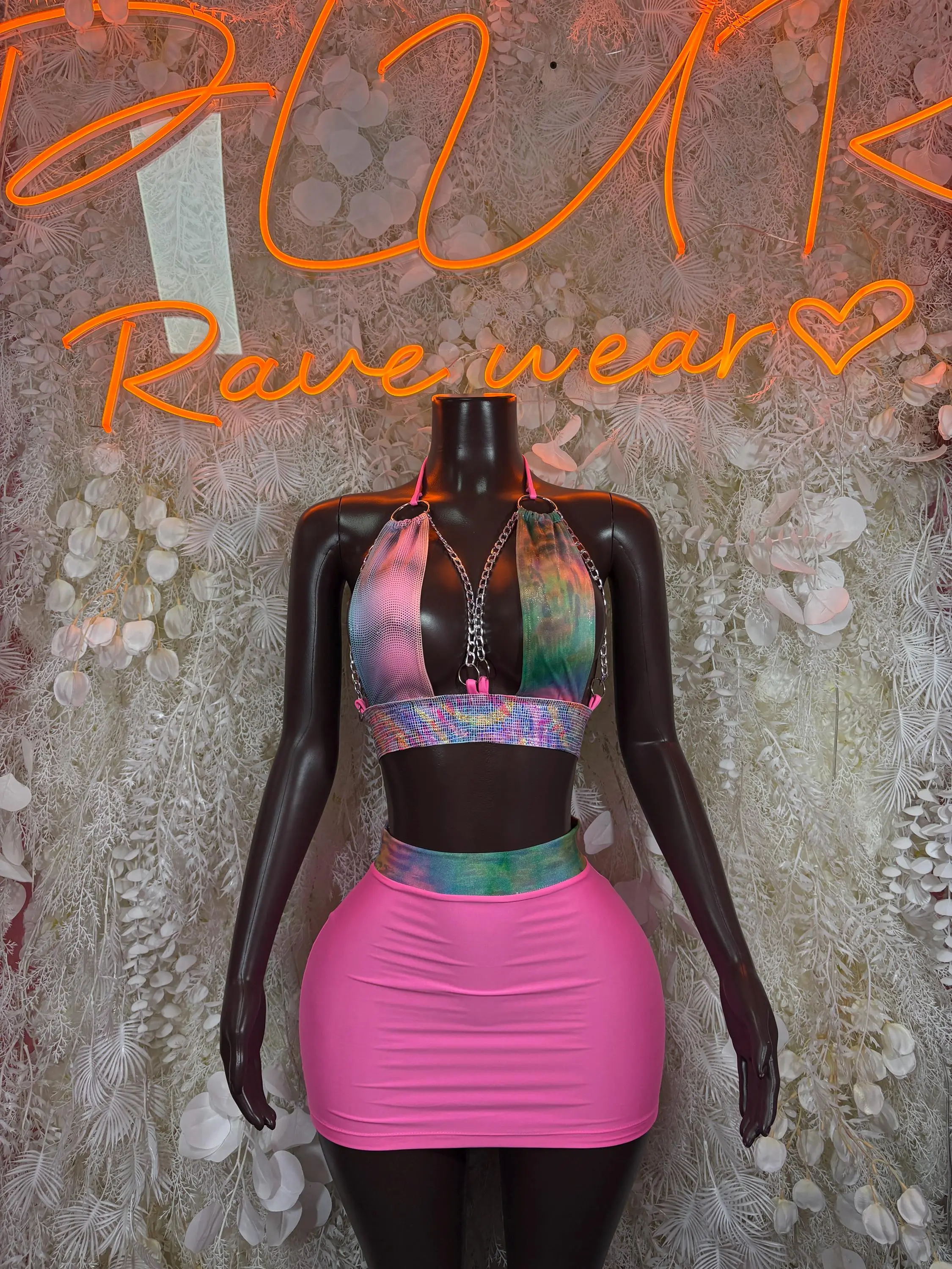 Pink Holographic Mesh Halter Crop Top with Chains Mini Skirt Set – Rave Festival Clubwear Exotic Dance Outfit