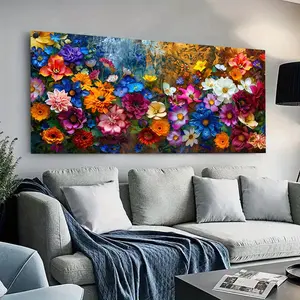1 piece framed canvas painting - Large vivid floral canvas art - Modern wall decor, colorful flowers and ornate backdrop for living room and bedroom, room decor