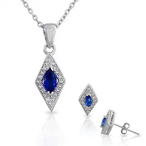 925 Sterling Silver Aquamarine-Tone Blue White CZ Diamond-Shaped Pendant Necklace Stud Earrings Set