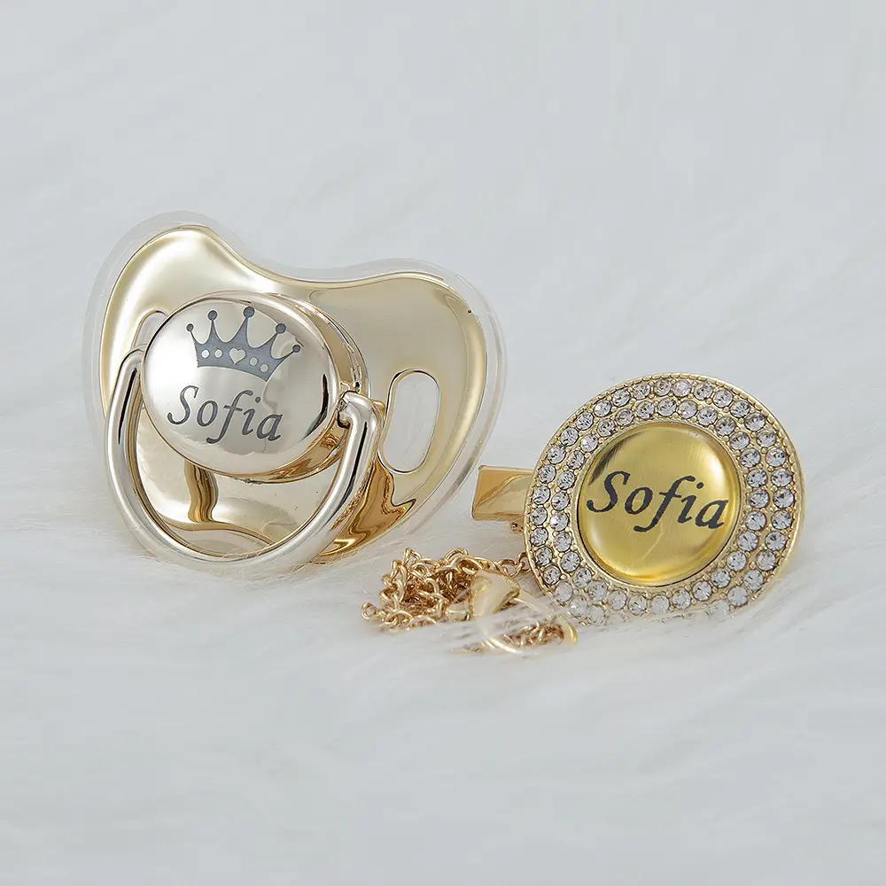 MIYOCAR Custom Bling Name Pacifier & Clip Set – Gold, Silver & Rose Gold | Luxury Personalized Baby Gift, Keepsake, Baby Shower Gift