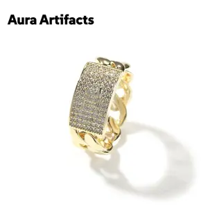 14K Gold Plated Iced Out Cuban Link Ring with Shining Initial  Zircon, Hip Hop Street Style Unisex Ring, Tarnish Free Waterproof Statement Jewelry Gift