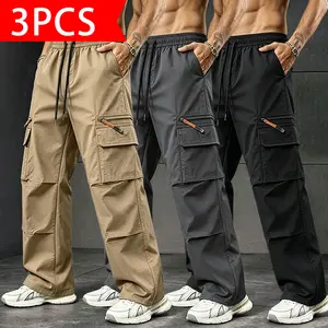 Men’s elastic-waist drawstring cargo pants with multiple zippered pockets, smooth breathable fabric, a loose straight cut, and wide legs—ideal for outdoor everyday casual wear, versatile, and durable workwear cargo trousers.