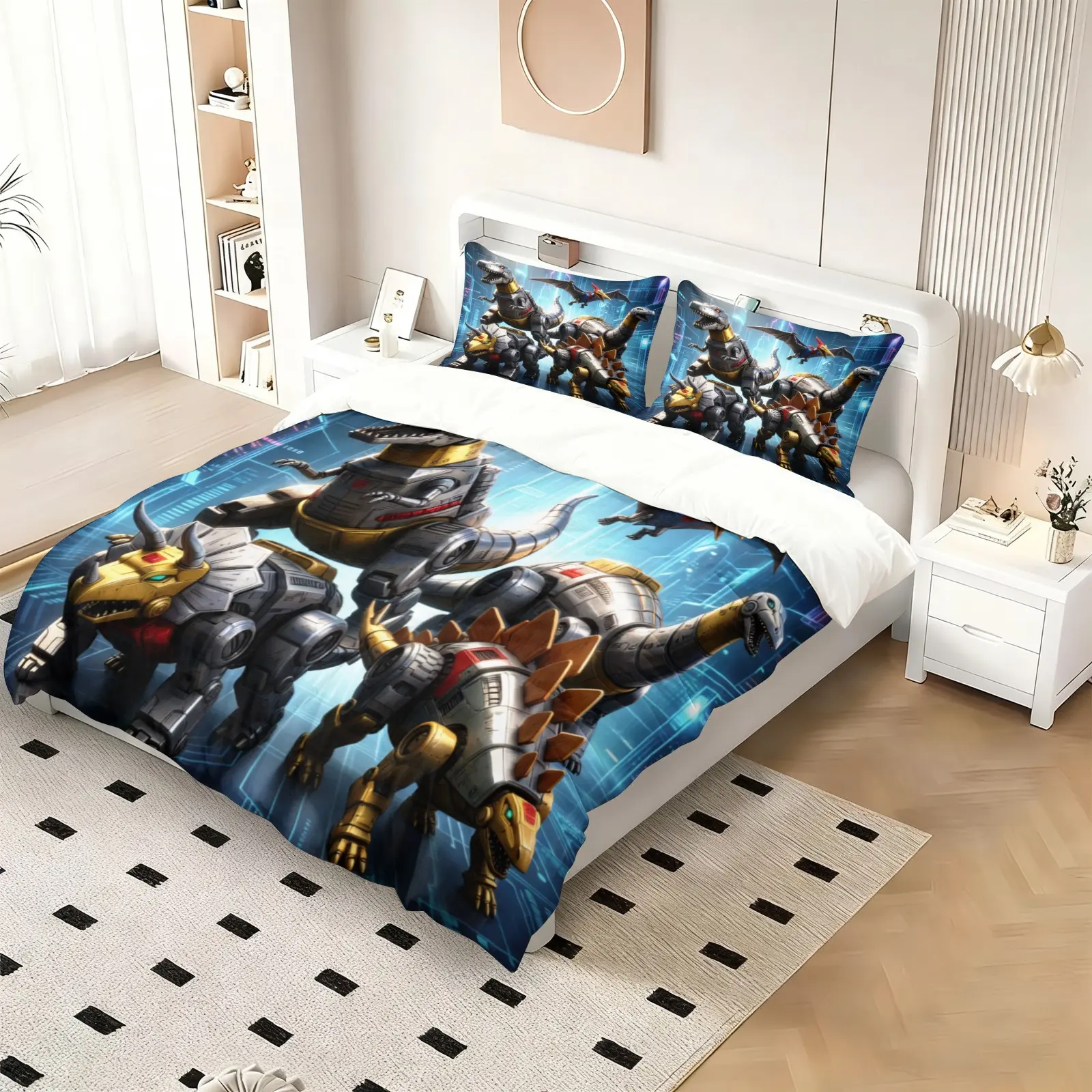 2/3PCS Transformers Dinobots Duvet Cover Set, Robot Dinosaur Comforter Cover, Soft Microfiber Bedding Set (No Filler), Cybertron Sci-Fi Print Bed Set for Kids & Fans, Boys' Bedroom & Dorm Decor, Washable Bedding Supplies