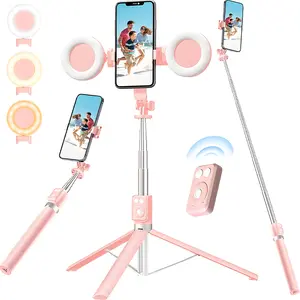Adjustable & Portable Extendable Phone, Smartphone & Cellphone Tripod with Dual Fill Light, 6-in-1 Selfie Stick Tripod w/Bluetooth Wireless Remote, Ring Light & 360° Rotation Compact Travel Stand for iPhone & Android
