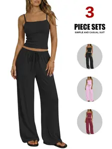 Women's 2 Piece Lounge Set, Spring, Camisole Top & Wide Leg Pants, Sexy Fitted Style, Plain Pattern, Perfect for Spring & Fall