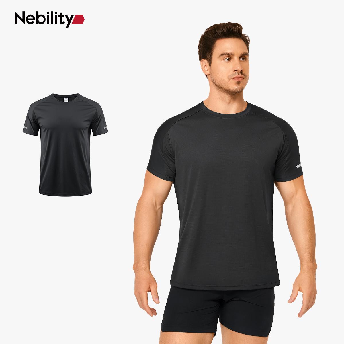 Nebility Men's Workout Shirts Quick Dry Moisture Wicking with Reflective Strips Lightweight Mesh Athletic Tees Comfortable Slim Round Neck for Running Gym Training Summer