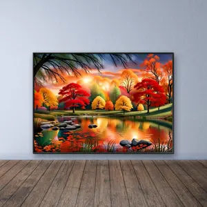 Autumn Lake DIY Diamond Arts Colorful Painting Kit without Frame, DIY 5D Diamond Arts Colorful Painting Kit, Wall Art Decor for Home Living Room Bedroom Crafts