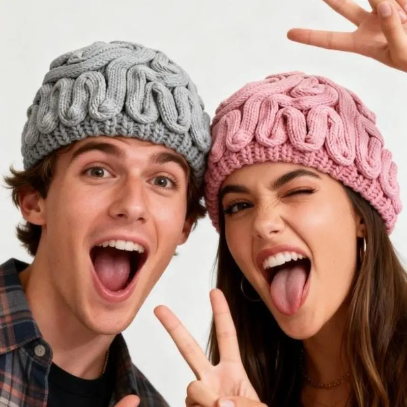 BeadBreath Y2K Brain Design Knit Beanie, Halloween Novelty Oddball Cute Unisex Warm Winter Knitwear