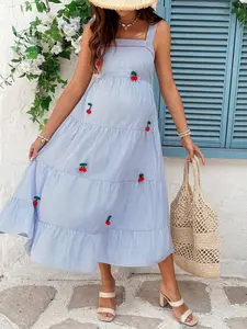 MaterniRIO Blue Striped Cotton Maternity Dress - 3D Cherry Decor Cute Summer Dress