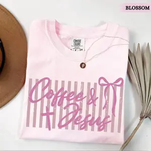 Comfort Colors Coquette Coffee and Jesus TShirt, Christian Bow T-Shirt, Coffee Lover Gift, Women Faith TShirt, Jesus Lover T-Shirt, Religious Tee