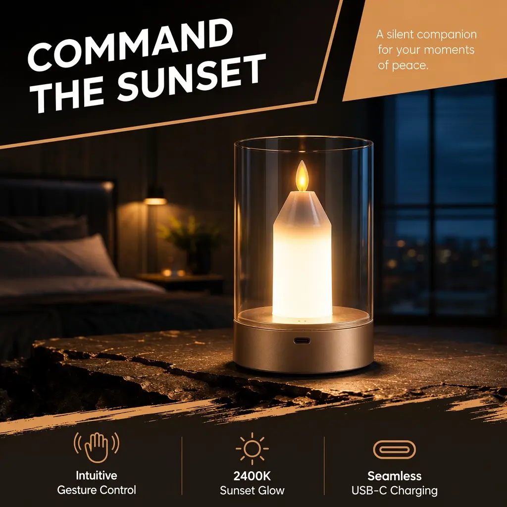 Flameless LED Candle Lamp - Hand Wave Gesture Control Rechargeable Electronic Lamp, Dynamic Light Table Night Light, Candle-Shape LED Decorative Accessories for Bedroom, Adult Unisex Home Decor Gift