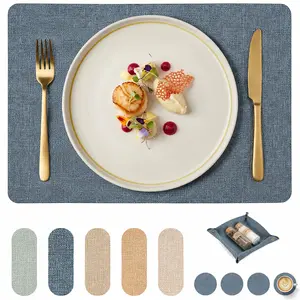 Rectangular Charcoal Blue Faux Leather Placemats Set of 6 Gift Set, Waterproof Heat Resistant Dining Table Mats with Coasters & Storage Tray,Dining Tables Kitchen Tables Coffee Bars Holiday Gatherings Family Dinners Housewarming Giftsr DealsForYouDays