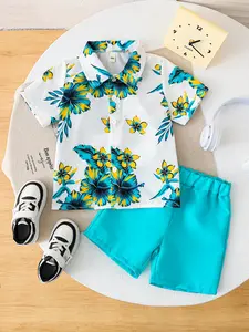 Boys' Short Set Floral Print Shirt & Blue Woven Elastic Waist Shorts, Summer Casual Sportswear for Outdoor Activities