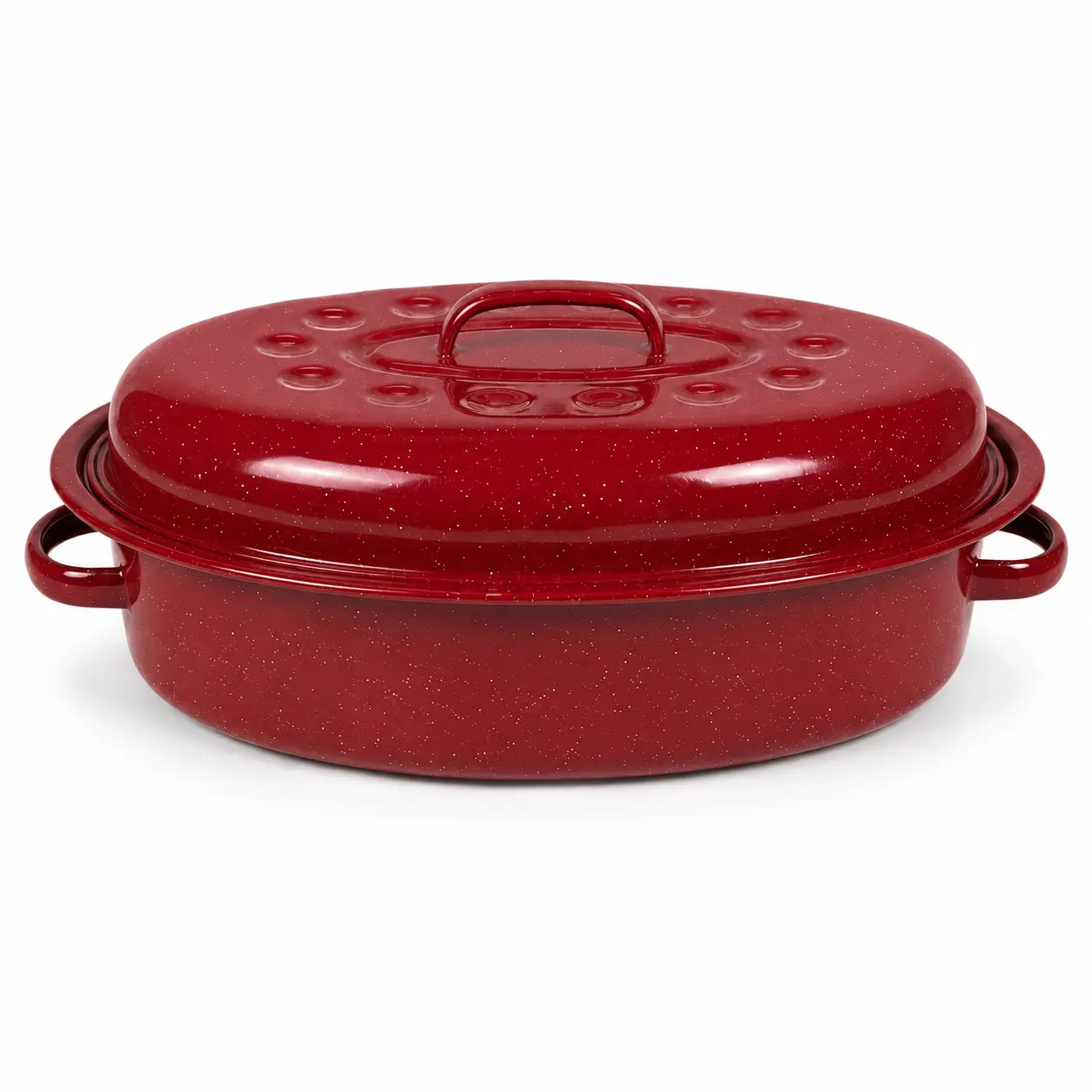 16-Inch Red Speckled Enamel Oval Turkey Roaster Pan with Lid, Rack & Silicone Trivet Mat - High Quality Kitchenware Bakeware Deep Baking Dishes for Grilling Baking, Chicken, Thanksgiving Cooking, High Quality Bakeware