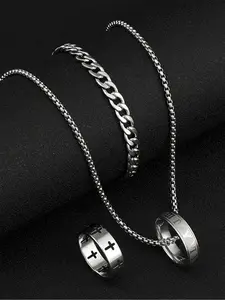 Men's Fashion Cross Pendant Necklace & Cuff Ring & Bracelet, Stainless Steel Jewelry Set, Casual Jewelry for Party, Daily Clothing Decor